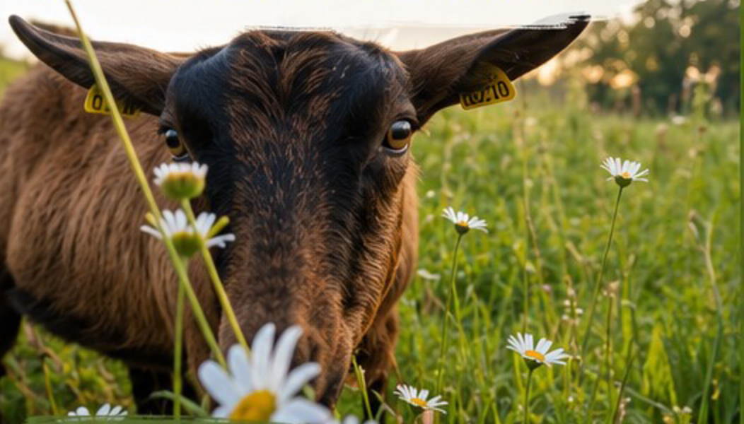 Chèvre dans un pré de pâquerettes